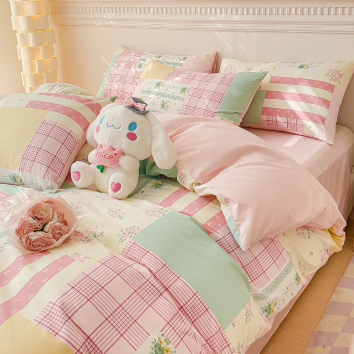 91家纺网 家纺一手货源 找家纺 金丝鸟家纺 2023新款全棉小清新四件套-第三批 粉色花田