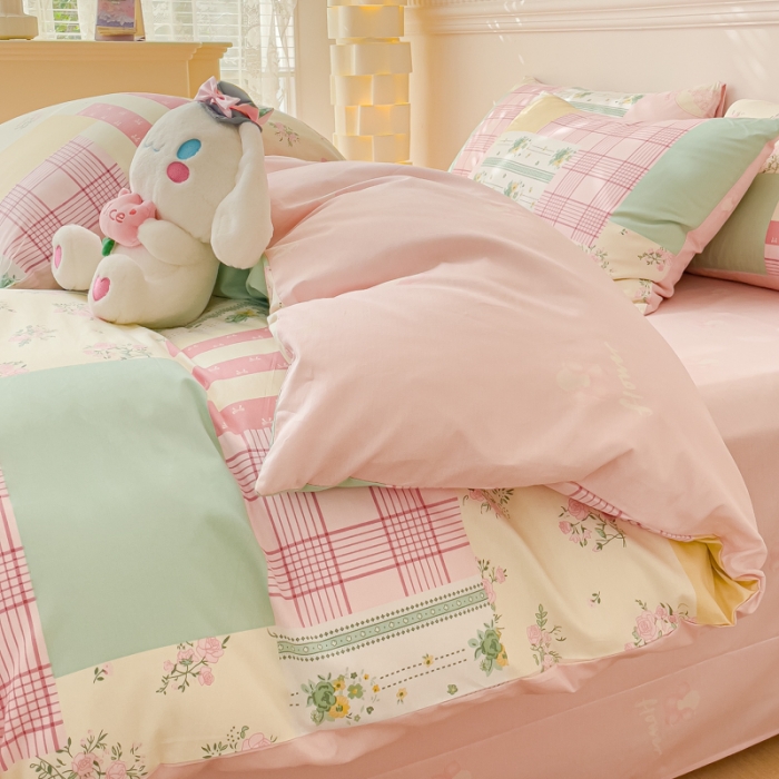 91家纺网 家纺一手货源 找家纺 金丝鸟家纺 2023新款全棉小清新四件套-第三批 粉色花田