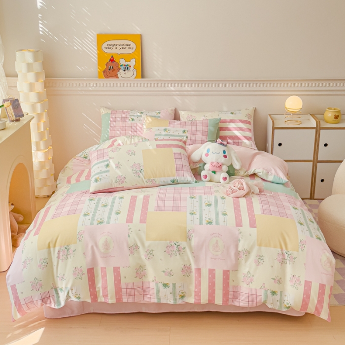 91家纺网 家纺一手货源 找家纺 金丝鸟家纺 2023新款全棉小清新四件套-第三批 粉色花田