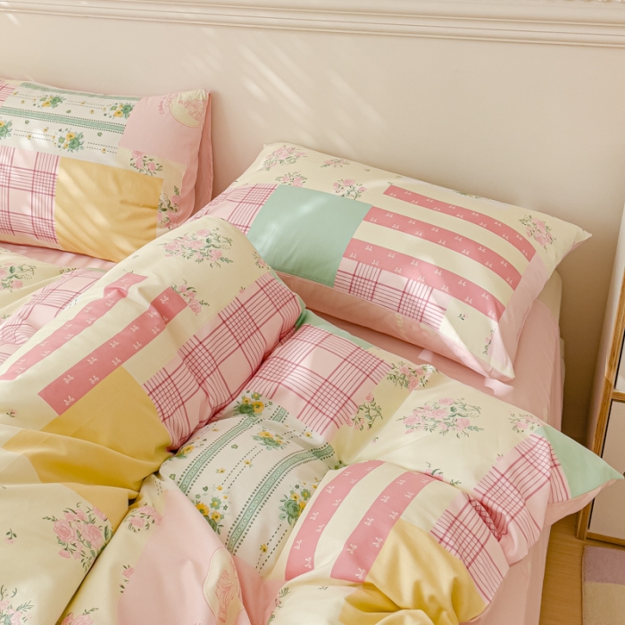 91家纺网 家纺一手货源 找家纺 金丝鸟家纺 2023新款全棉小清新四件套-第三批 粉色花田