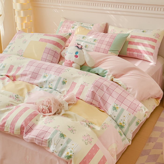 91家纺网 家纺一手货源 找家纺 金丝鸟家纺 2023新款全棉小清新四件套-第三批 粉色花田