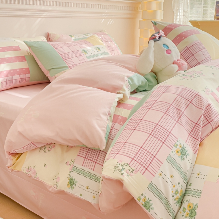 91家纺网 家纺一手货源 找家纺 金丝鸟家纺 2023新款全棉小清新四件套-第三批 粉色花田