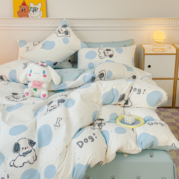 91家纺网 家纺一手货源 找家纺 金丝鸟家纺 2023新款全棉小清新四件套-第三批 蓝点狗