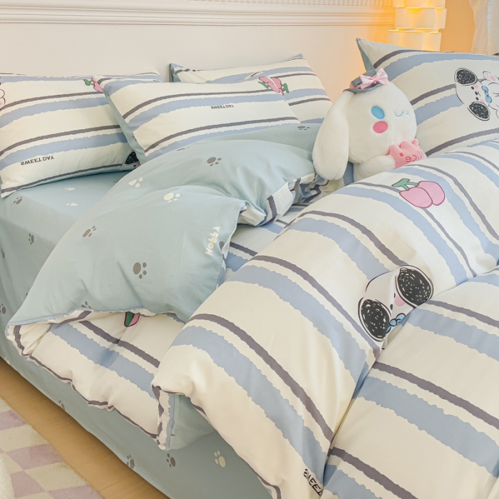 91家纺网 家纺一手货源 找家纺 金丝鸟家纺 2023新款全棉小清新四件套-第三批 蓝条哈巴狗