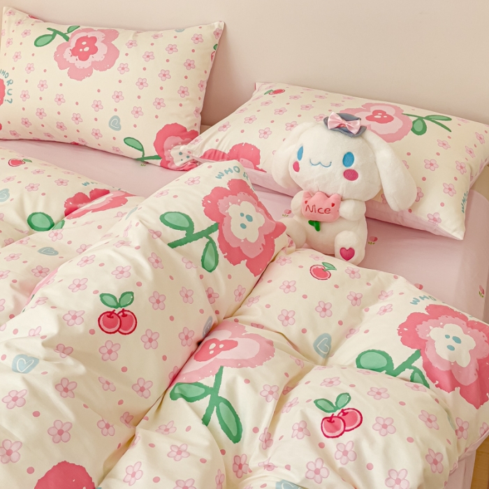 91家纺网 家纺一手货源 找家纺 金丝鸟家纺 2023新款全棉小清新四件套-第三批 向阳樱桃