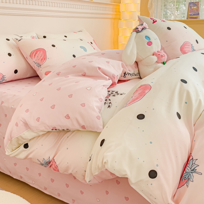 91家纺网 家纺一手货源 找家纺 金丝鸟家纺 2023新款全棉小清新四件套-第三批 波点草莓结