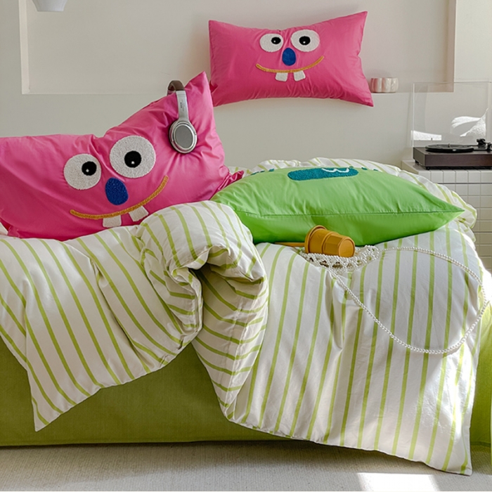 91家纺网 家纺一手货源 找家纺 蓝邻 2024年新款全棉多巴胺毛巾绣四件套系列 知予-嫩绿