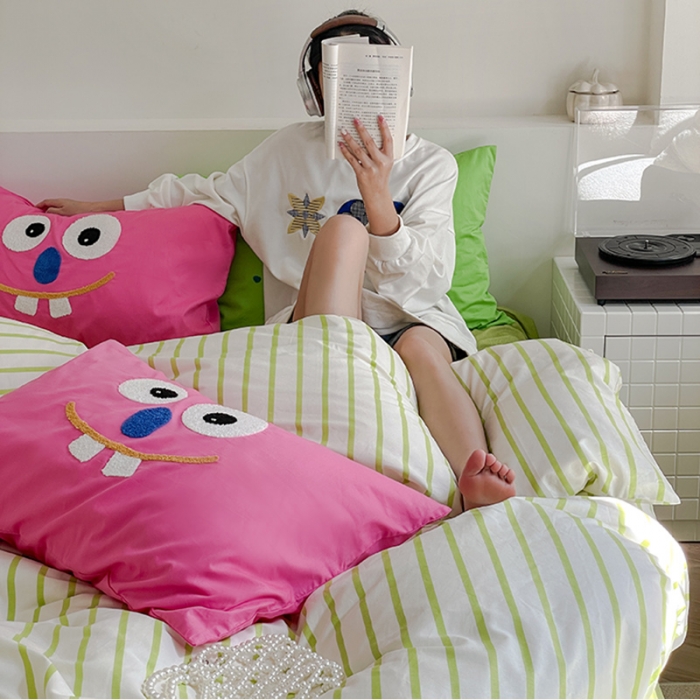 91家纺网 家纺一手货源 找家纺 蓝邻 2024年新款全棉多巴胺毛巾绣四件套系列 知予-嫩绿