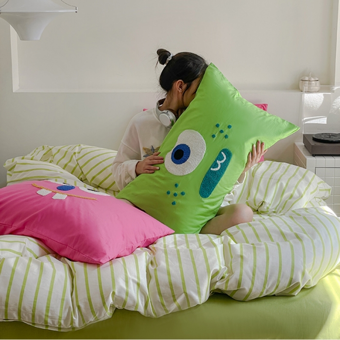 91家纺网 家纺一手货源 找家纺 蓝邻 2024年新款全棉多巴胺毛巾绣四件套系列 知予-嫩绿