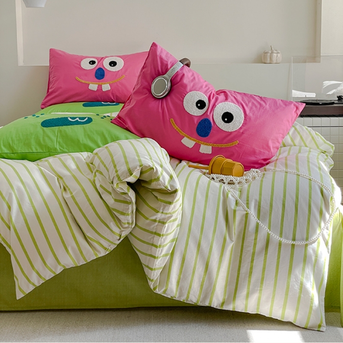 91家纺网 家纺一手货源 找家纺 蓝邻 2024年新款全棉多巴胺毛巾绣四件套系列 知予-嫩绿