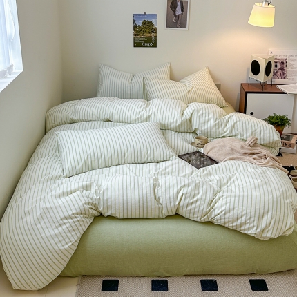 91家纺网 家纺一手货源 找家纺 【水洗棉条纹多巴胺色四件套】日式无印水洗棉四件套条纹全棉4件套多巴胺色