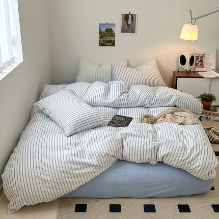 91家纺网 家纺一手货源 找家纺 【水洗棉条纹多巴胺色四件套】日式无印水洗棉四件套条纹全棉4件套多巴胺色