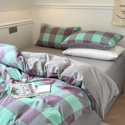 91家纺网 家纺一手货源 找家纺 【水洗棉格纹双拼四件套】 日式无印全棉水洗棉四件套格纹双拼套件