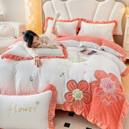 91家纺网 家纺一手货源 找家纺 漫布云9斤230g韩版公主风立体花朵牛奶绒四件套宝宝绒贴布绣兔毛绒被套