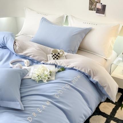 91家纺网 家纺一手货源 找家纺 芷凡 2023新款水洗磨毛刺绣四件套-梦想系列 梦想-宾利蓝+卡其