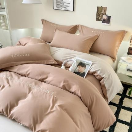 91家纺网 家纺一手货源 找家纺 芷凡 2023新款水洗磨毛刺绣四件套-梦想系列 梦想-红咖+杏色