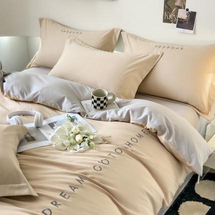 91家纺网 家纺一手货源 找家纺 芷凡 2023新款水洗磨毛刺绣四件套-梦想系列 梦想-奶茶+卡其