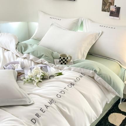 91家纺网 家纺一手货源 找家纺 芷凡 2023新款水洗磨毛刺绣四件套-梦想系列 梦想-普白+浅绿