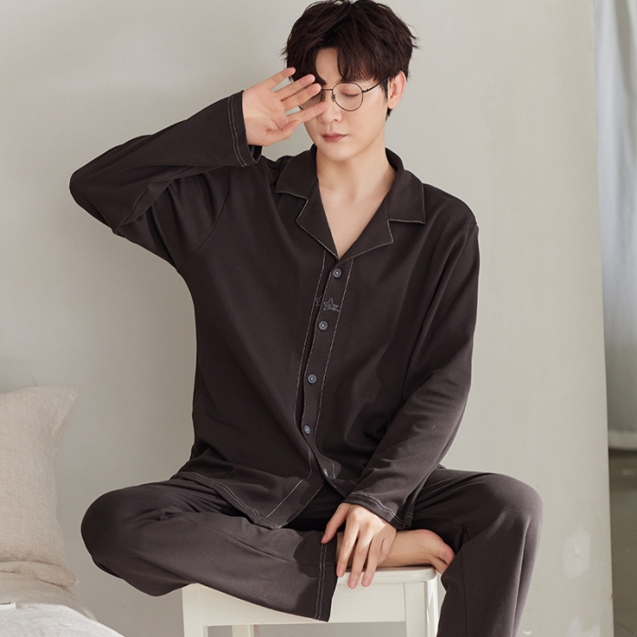 91家纺网 家纺一手货源 找家纺 洛兰沙 纯棉情侣睡衣开衫长袖长裤家居服可外穿ZX7707男款