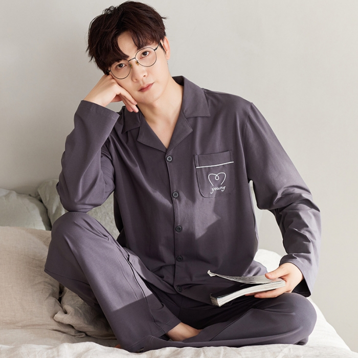 91家纺网 家纺一手货源 找家纺 洛兰沙 纯棉情侣睡衣开衫长袖长裤家居服可外穿ZX7728男款