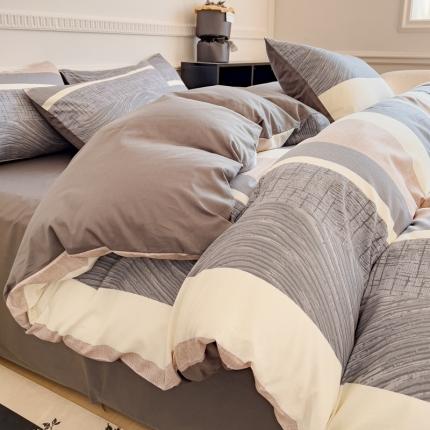 91家纺网 家纺一手货源 找家纺 （总）金丝鸟 2023秋冬新品全棉简约条格小清新四件套