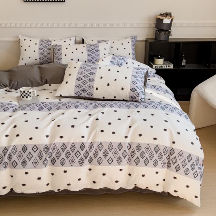 91家纺网 家纺一手货源 找家纺 金丝鸟 2023秋冬新品全棉简约条格小清新四件套 波西格纹