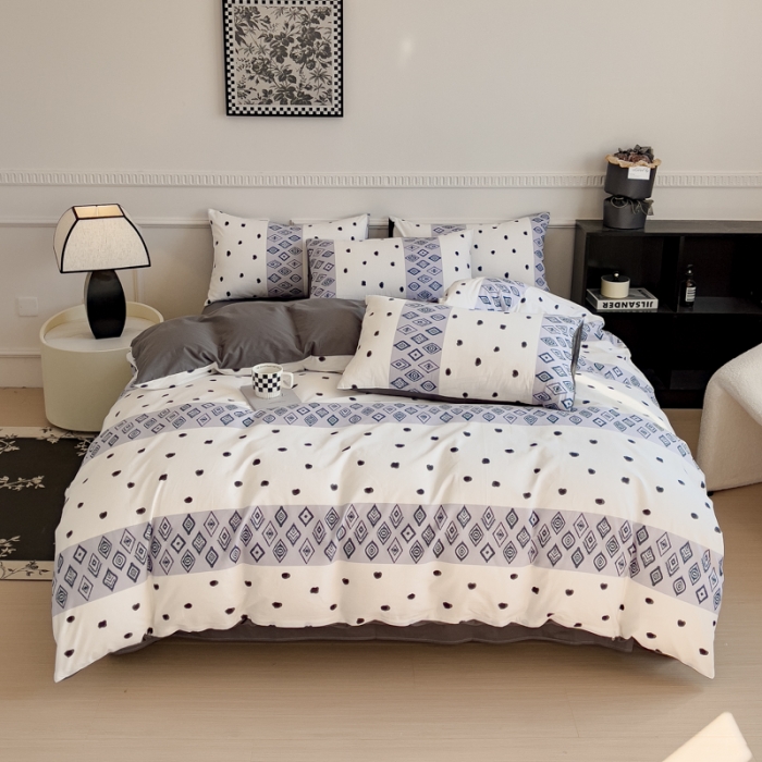 91家纺网 家纺一手货源 找家纺 金丝鸟 2023秋冬新品全棉简约条格小清新四件套 波西格纹