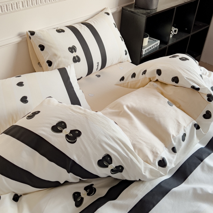 91家纺网 家纺一手货源 找家纺 金丝鸟 2023秋冬新品全棉简约条格小清新四件套 黑珍珠