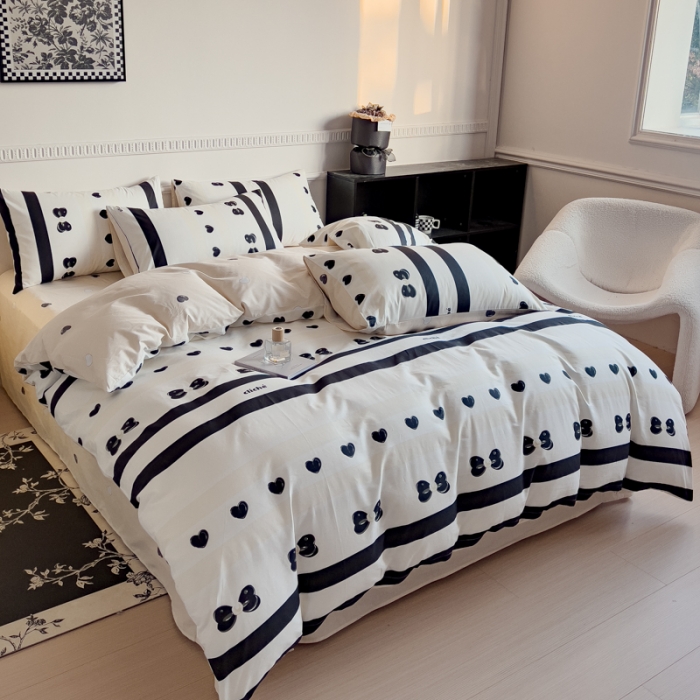 91家纺网 家纺一手货源 找家纺 金丝鸟 2023秋冬新品全棉简约条格小清新四件套 黑珍珠