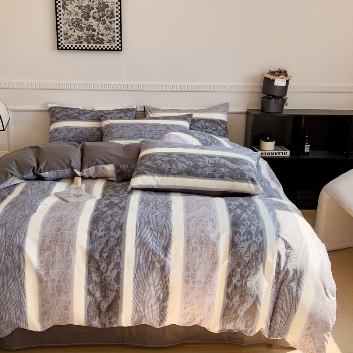 91家纺网 家纺一手货源 找家纺 金丝鸟 2023秋冬新品全棉简约条格小清新四件套 经年