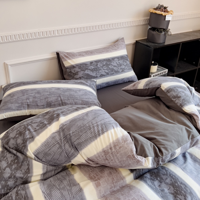 91家纺网 家纺一手货源 找家纺 金丝鸟 2023秋冬新品全棉简约条格小清新四件套 经年