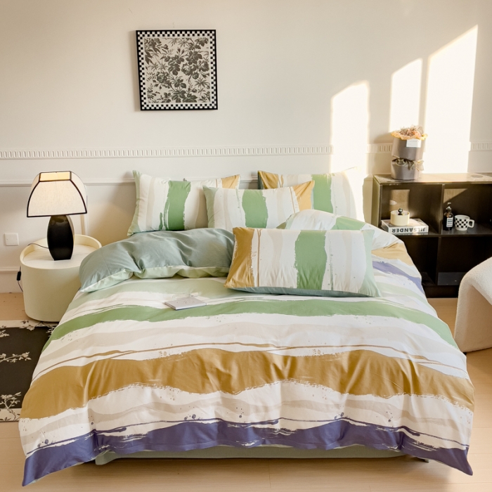 91家纺网 家纺一手货源 找家纺 金丝鸟 2023秋冬新品全棉简约条格小清新四件套 绿意