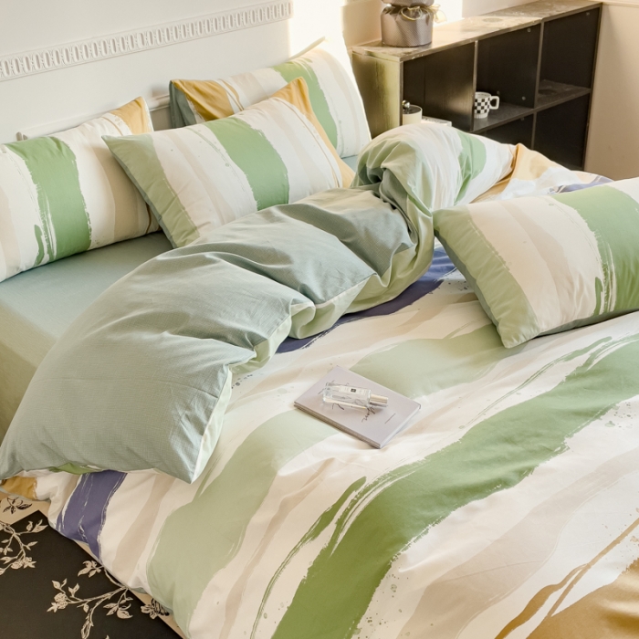 91家纺网 家纺一手货源 找家纺 金丝鸟 2023秋冬新品全棉简约条格小清新四件套 绿意