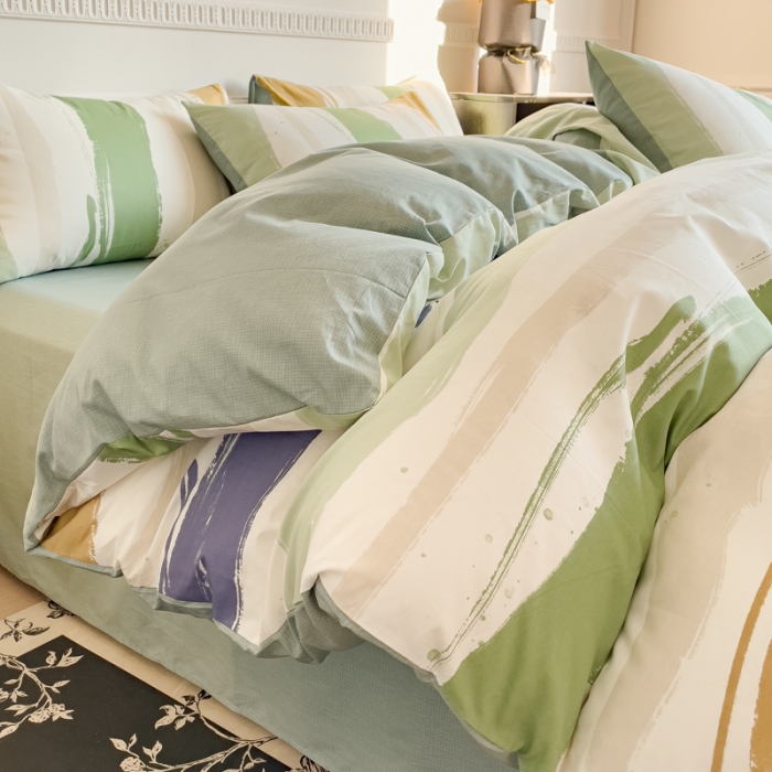 91家纺网 家纺一手货源 找家纺 金丝鸟 2023秋冬新品全棉简约条格小清新四件套 绿意