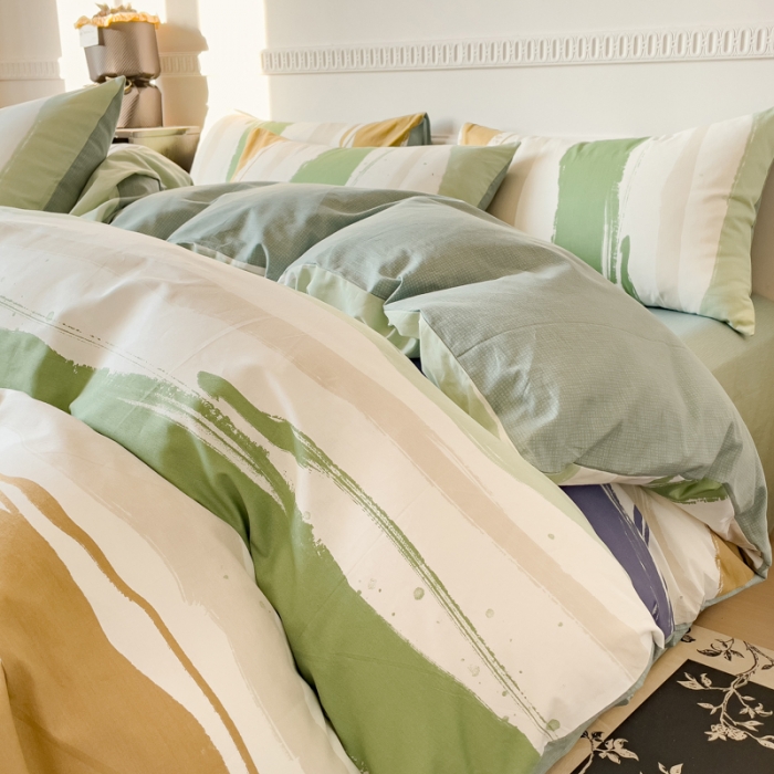 91家纺网 家纺一手货源 找家纺 金丝鸟 2023秋冬新品全棉简约条格小清新四件套 绿意