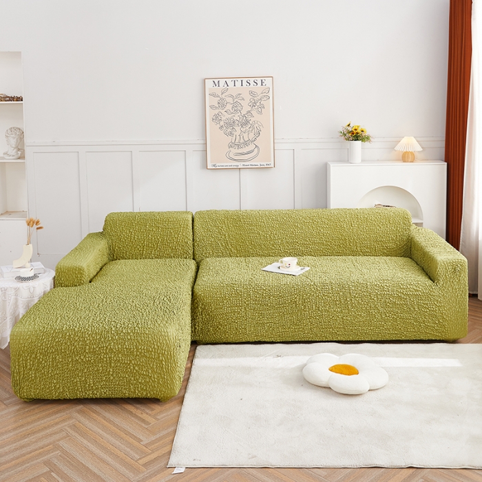 91家纺网 家纺一手货源 找家纺 丝绮鹿 2023新款日式皱皱布沙发套贵妃图 橄榄绿