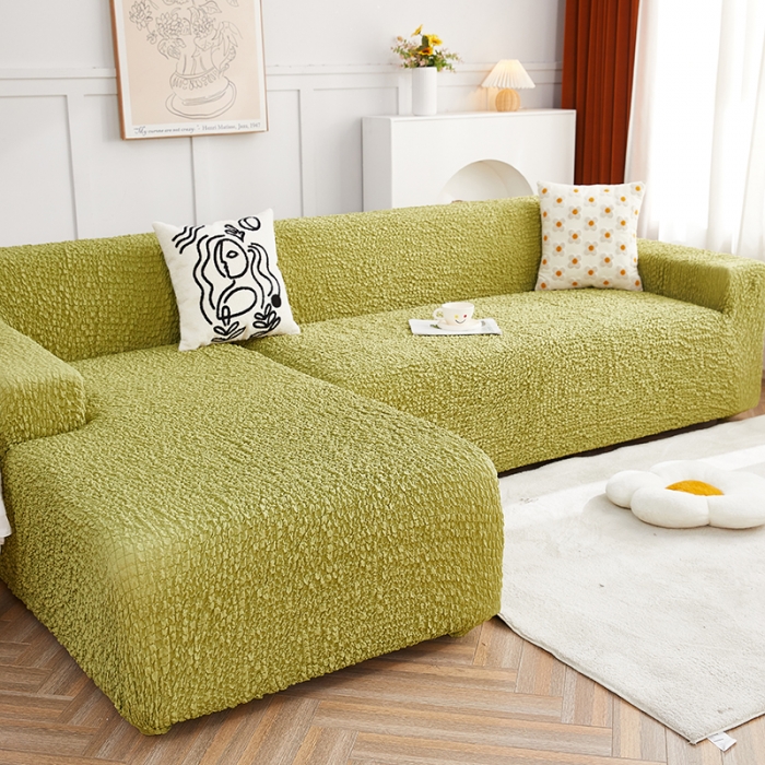 91家纺网 家纺一手货源 找家纺 丝绮鹿 2023新款日式皱皱布沙发套贵妃图 橄榄绿
