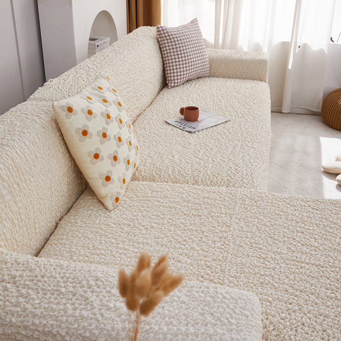 91家纺网 家纺一手货源 找家纺 丝绮鹿 2023新款日式皱皱布沙发套贵妃图 奶油白