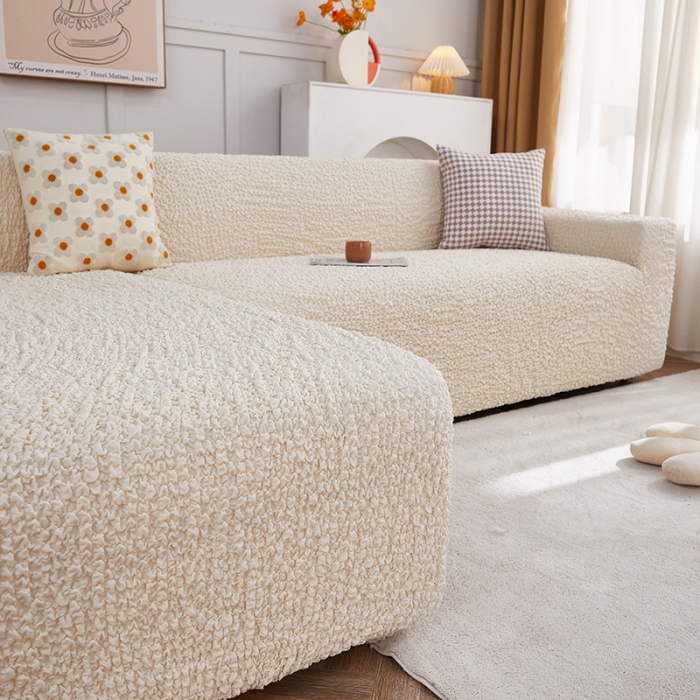 91家纺网 家纺一手货源 找家纺 丝绮鹿 2023新款日式皱皱布沙发套贵妃图 奶油白