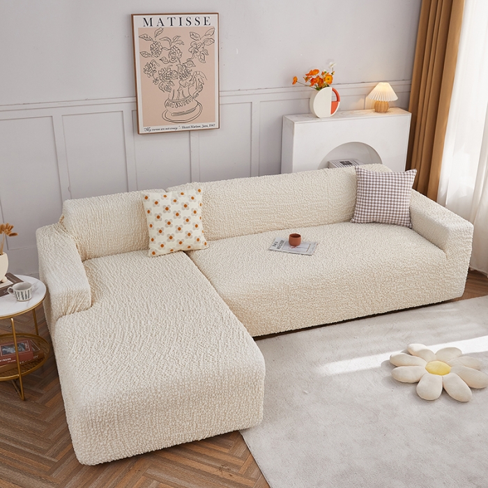 91家纺网 家纺一手货源 找家纺 丝绮鹿 2023新款日式皱皱布沙发套贵妃图 奶油白