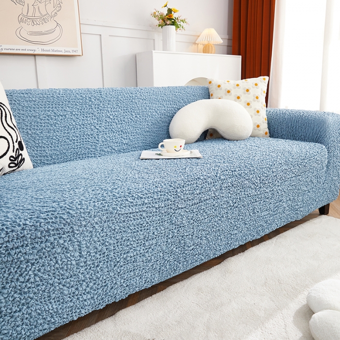 91家纺网 家纺一手货源 找家纺 丝绮鹿 2023新款日式皱皱布沙发套三人图高雅蓝