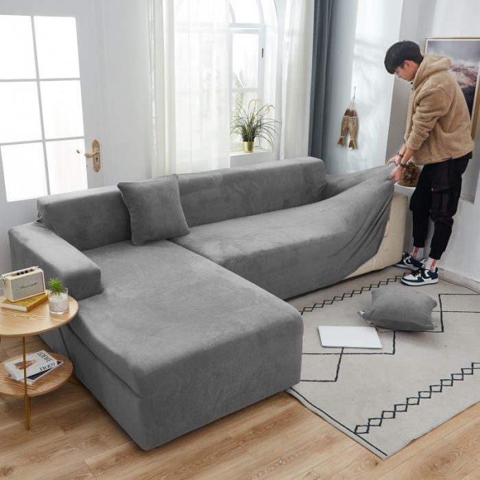 91家纺网 家纺一手货源 找家纺 丝绮鹿 2023新款毛绒纯色沙发套贵妃位图 灰色-毛绒款