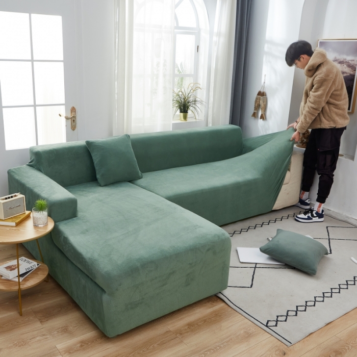 91家纺网 家纺一手货源 找家纺 丝绮鹿 2023新款毛绒纯色沙发套贵妃位图 青色-毛绒款