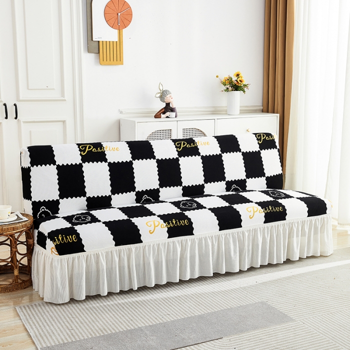 91家纺网 家纺一手货源 找家纺 丝绮鹿 2023新款针织柔肤格沙发床套裙边款 黑白格