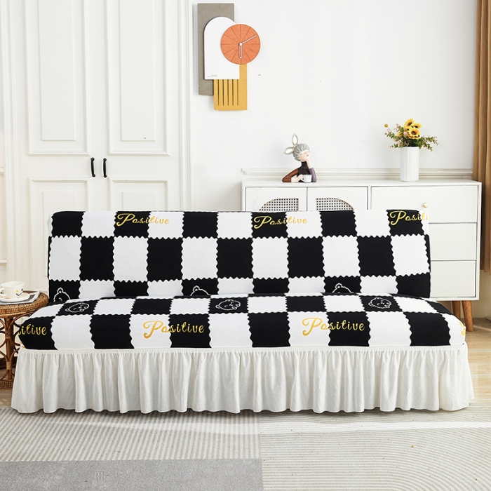 91家纺网 家纺一手货源 找家纺 丝绮鹿 2023新款针织柔肤格沙发床套裙边款 黑白格