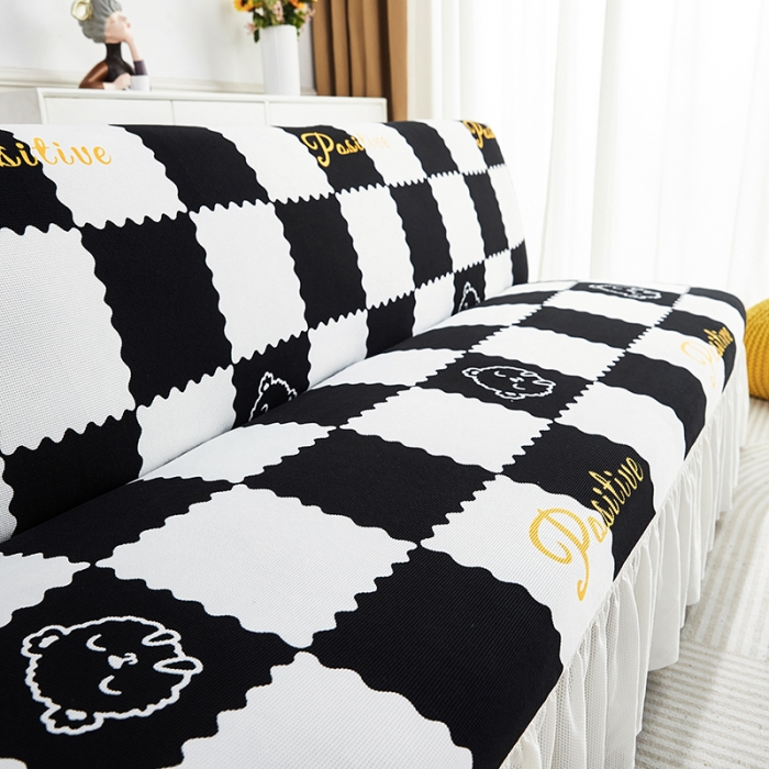 91家纺网 家纺一手货源 找家纺 丝绮鹿 2023新款针织柔肤格沙发床套裙边款 黑白格