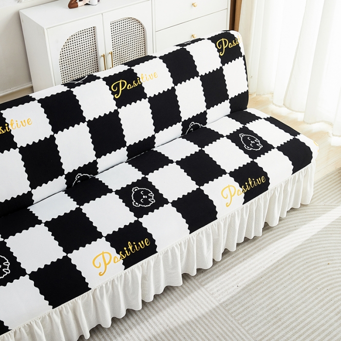 91家纺网 家纺一手货源 找家纺 丝绮鹿 2023新款针织柔肤格沙发床套裙边款 黑白格