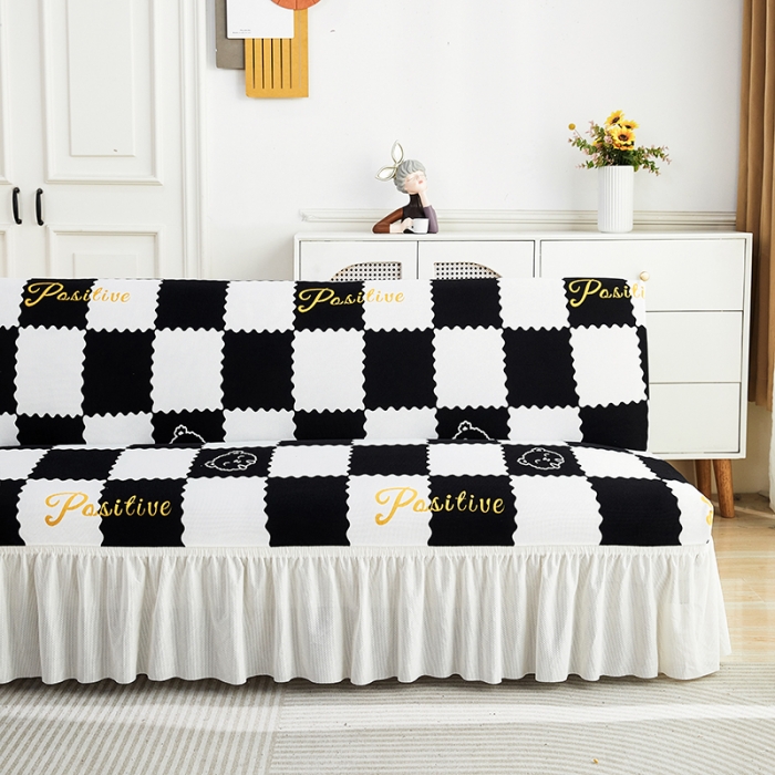 91家纺网 家纺一手货源 找家纺 丝绮鹿 2023新款针织柔肤格沙发床套裙边款 黑白格