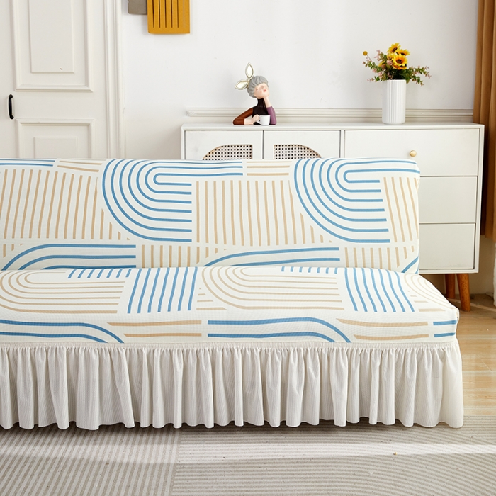 91家纺网 家纺一手货源 找家纺 丝绮鹿 2023新款针织柔肤格沙发床套裙边款 几何-蓝