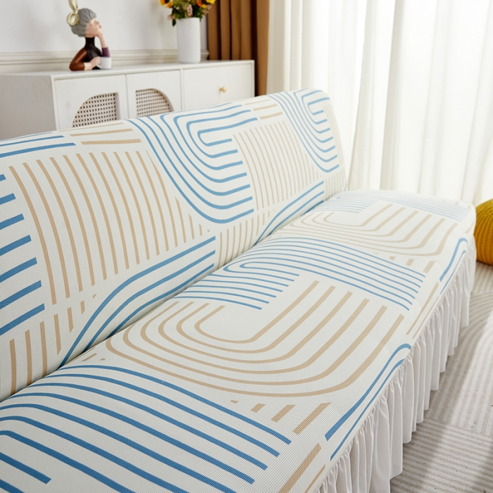 91家纺网 家纺一手货源 找家纺 丝绮鹿 2023新款针织柔肤格沙发床套裙边款 几何-蓝